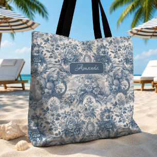 Bolsa Tote Toile de jouy monograma azul floral vintage