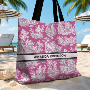 Bolsa Tote Toile de jouy monograma floral rosa magenta vintag
