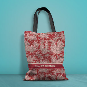 Bolsa Tote Tóile de jouy, vermelha, de cor-de-rosa