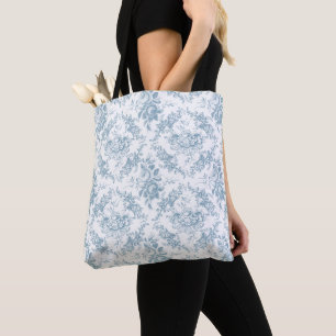 Bolsa Tote Toile floral azul e branco gravado elegante