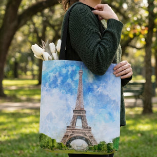 Bolsa Tote Torre Eiffel Aquarela Arte de Impressão da Silhuet