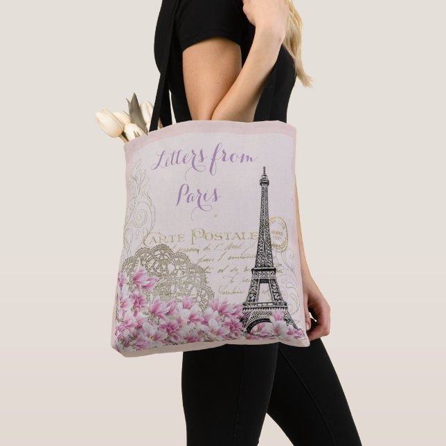 BOLSA TOTE TORRE EIFFEL DE PARIS, LETRAS ROMÂNTICAS FLORAIS (Close Up)