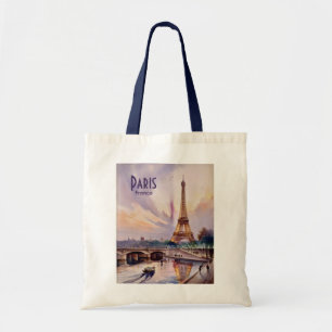 Bolsa Tote Torre Eiffel Paris Aquarela Silhueta Pôr do Sol Re