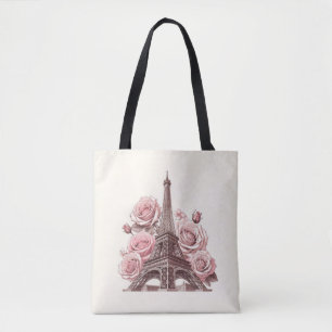 Bolsa Tote Torre Eiffel Paris e Rosas Rosa