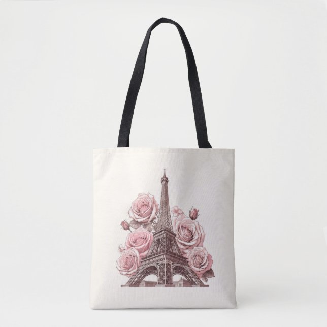 Bolsa Tote Torre Eiffel Paris e Rosas Rosa (Frente)