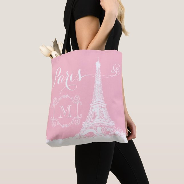 Bolsa Tote Torre Eiffel Paris, Torre Girly Pink, Monograma Br (Close Up)