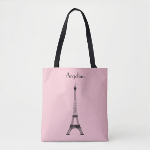 Bolsa Tote Torre Eiffel preta cor-de-rosa de Paris com nome