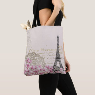 Bolsa Tote Torre Eiffel Vintage Paris França Romance Rosa