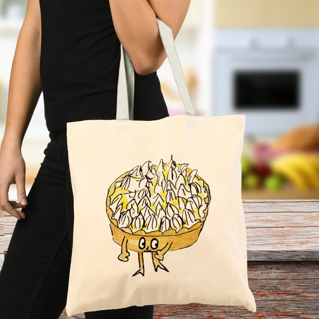 Bolsa Tote Torta de Limão com Merengue Divertida Arte de Dese (Cute lemon meringue pie cartoon art tote bag quirky watercolor artwork by artist Catherine Sweetman)