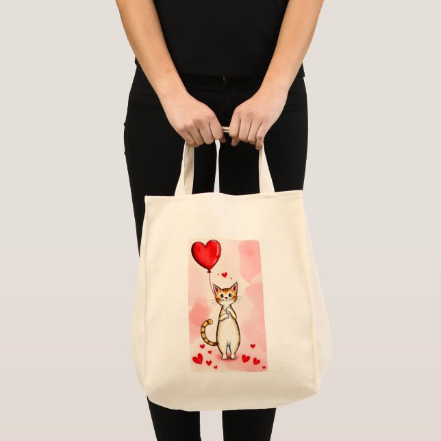 Bolsa Tote Tote Bag Cat Love Red Hearts  (Frente (produto))
