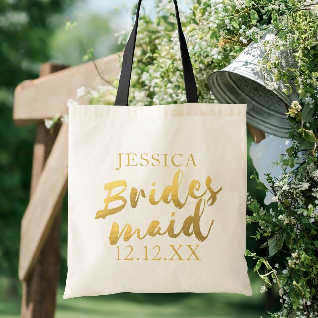 Bolsa Tote Tote Bag de Casamento de Bridesmaid Dourada Elegan (Add her name and your wedding date to this elegant gold Bridesmaid Tote Bag)