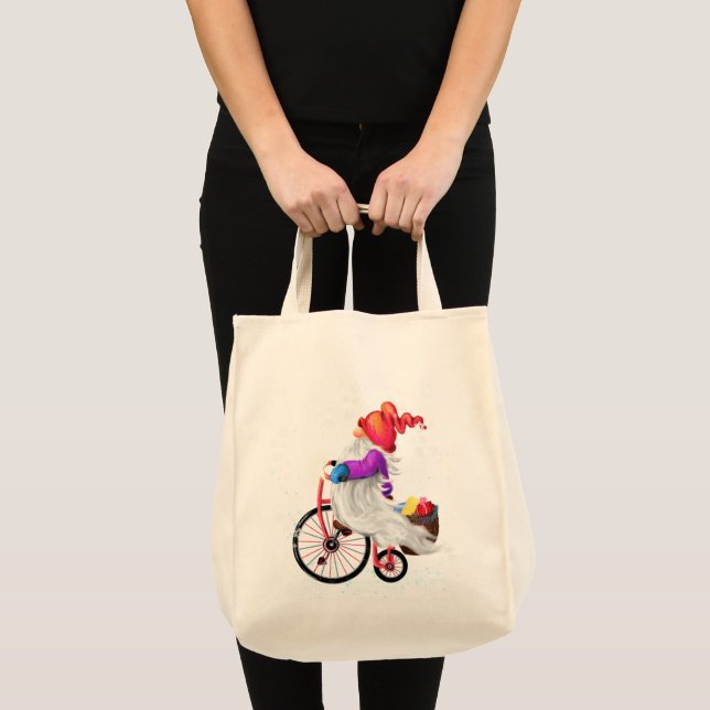 Bolsa Tote Tote Bag Gift Gnomo Natal com Bicicleta e presente (Frente (produto))