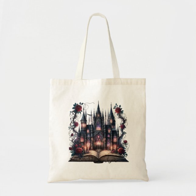 Bolsa Tote Tote Bag Gótica com Livro Aberto, Castelo e Rosas (Frente)