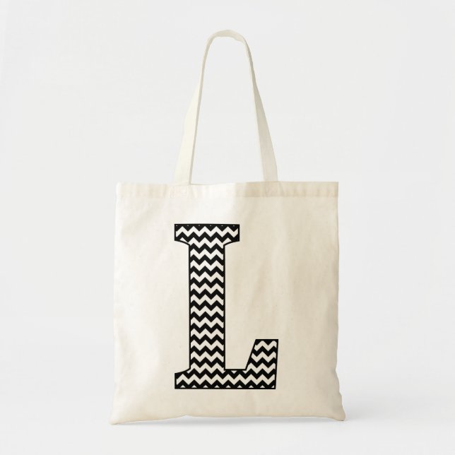 Bolsa Tote Tote Bag "L" Monograma e Chevron Preto e Branco. (Frente)