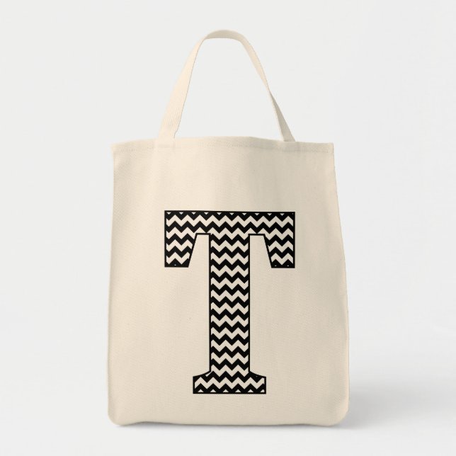 Bolsa Tote Tote Bag Preto e Branco Chevron "T" (Frente)