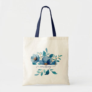Bolsa Tote Tote personalizado floral aquarela azul brilhante