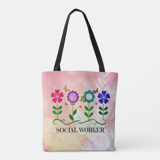 Bolsa Tote Trabalhador Social, Design de Flores Gráficas (Verso)