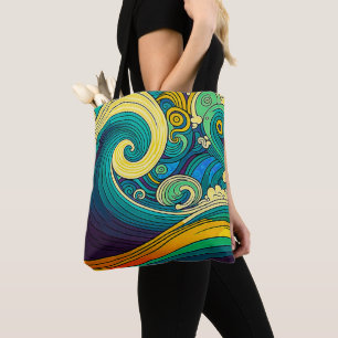 Bolsa Tote Trabalho de arte de Ondas Hippie Coloridas abstrat