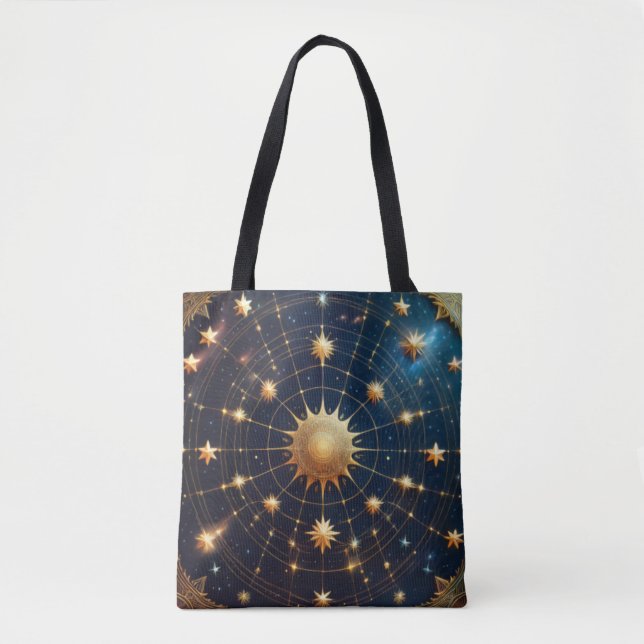 Bolsa Tote Trabalho de arte de Sol Celestial e Estrelas com D (Frente)