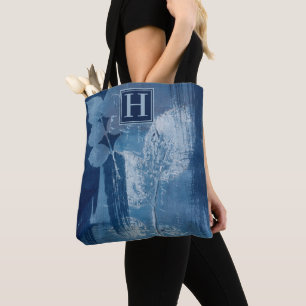 Bolsa Tote trabalho de arte de Textura e Monograma azul abstr
