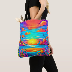 Bolsa Tote Trabalho de arte sunset submarino vibrante