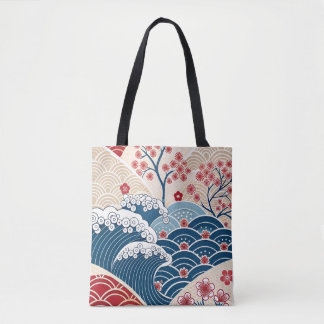 Bolsa Tote Traditional Red Blue Japanese Wave Sakura Pattern