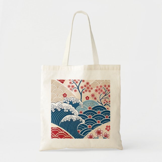 Bolsa Tote Traditional Red Blue Japanese Wave Sakura Pattern (Frente)