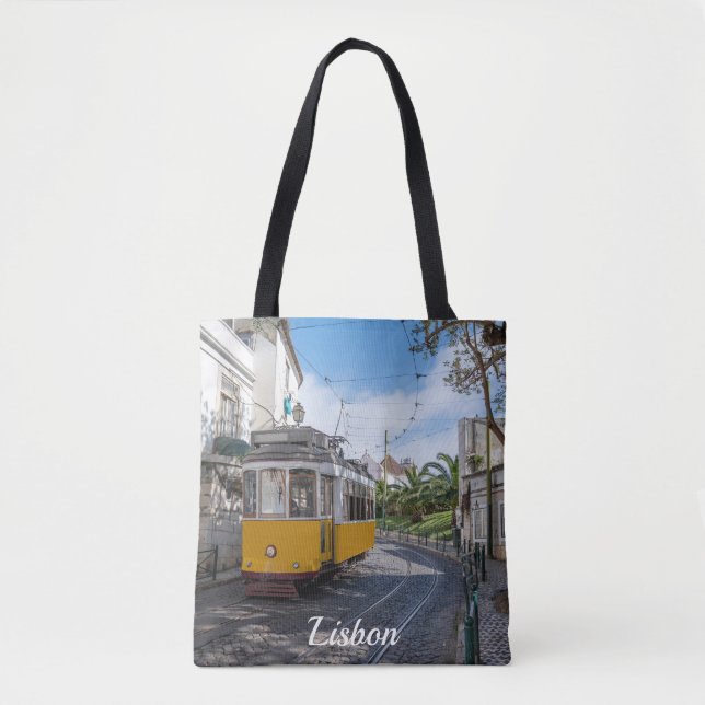 Bolsa Tote Trama amarela na rua em Lisboa, Portugal (Frente)