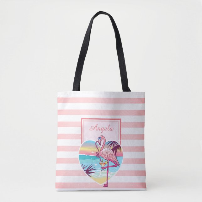 Bolsa Tote Trandy Striped, Flamingo, Cocktail - Personalizado (Frente)
