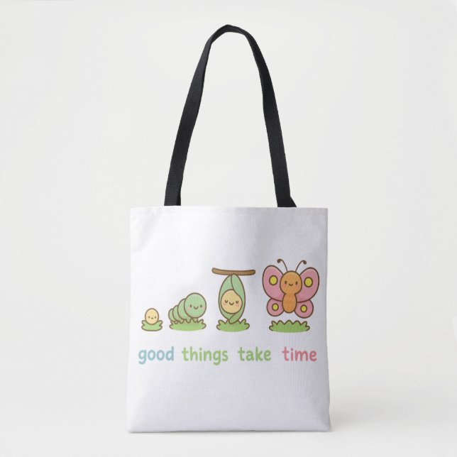 Bolsa Tote 🌸 Transformação da Borboleta Kawaii - Boas Coisas (Frente)