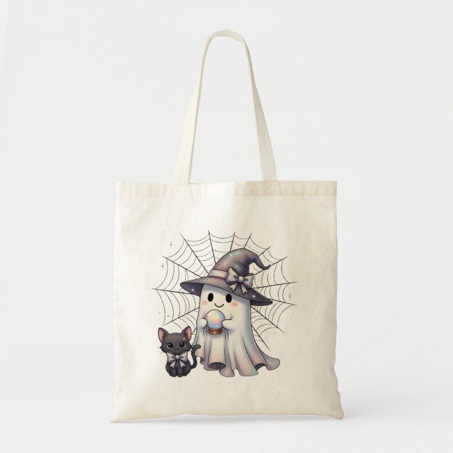 Bolsa Tote Trapaça Ghost Negra Gata Negra Gato de Halloween (Frente)