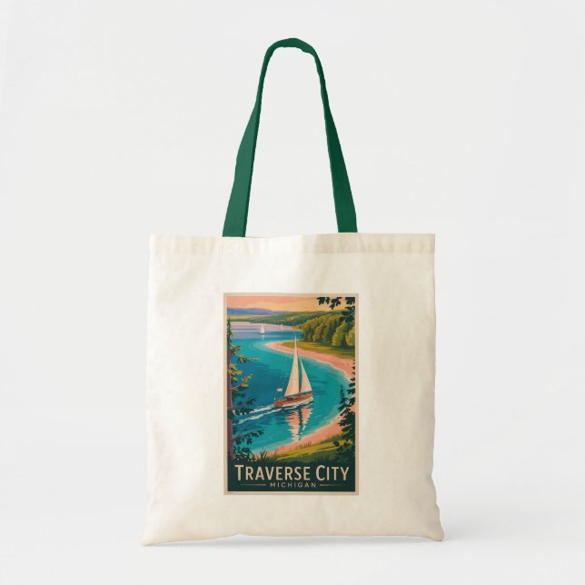 Bolsa Tote Traverse City Michigan Illustration Viagem Art (Frente)