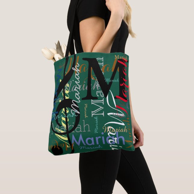 Bolsa Tote Treble Clef Note Music Monograma e Nomes em Verde (Close Up)