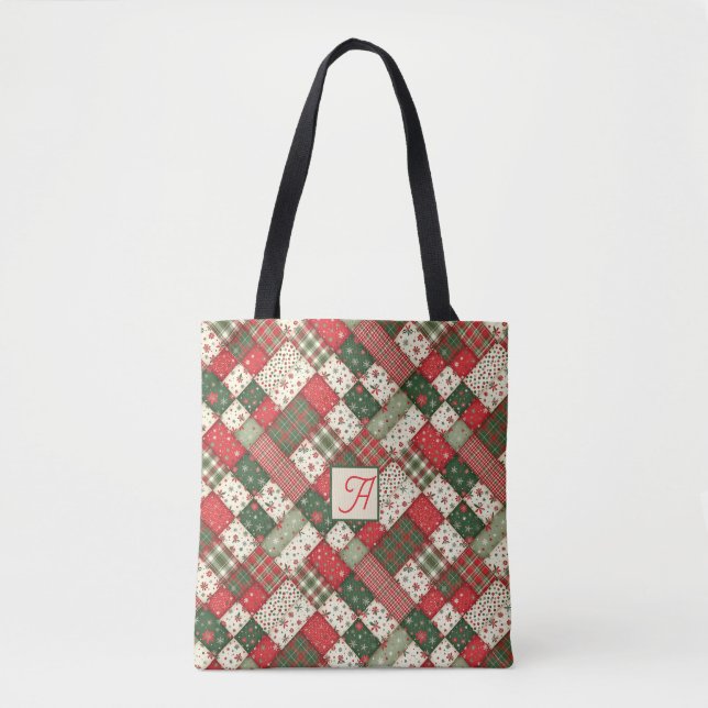 Bolsa Tote Tree pattern christmas  patchwork green red name (Frente)