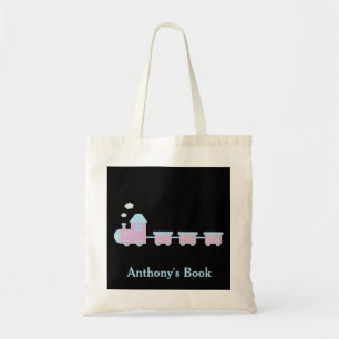 Bolsa Tote Trem azul rosa preto crianças nome biblioteca