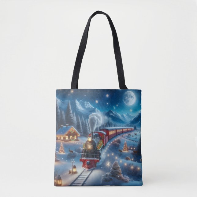 Bolsa Tote Trem de Natal Mágico Cena de Inverno Nevado (Frente)