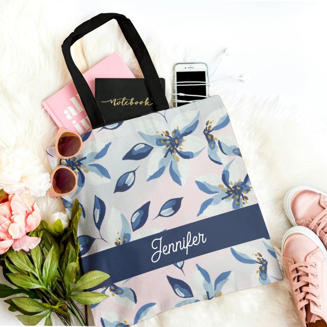 Bolsa Tote Trendência do Padrão Floral Azul Clássico (Criador carregado)