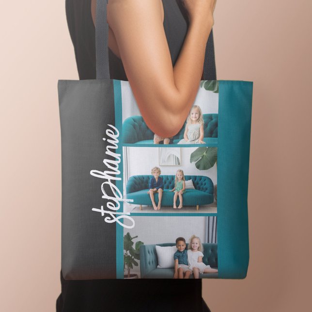 Bolsa Tote Trendy 3 Fotos preto & branco nome do script moder (Personalized tote bag with photo and text)
