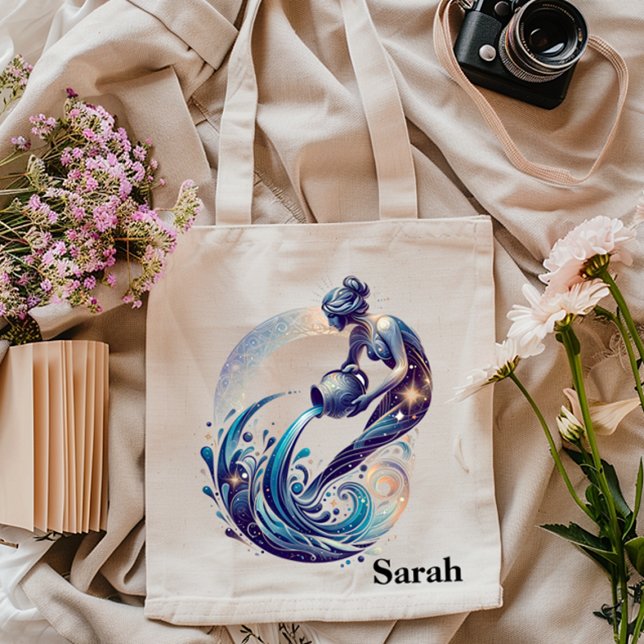Bolsa Tote Trendy Aquarius Watercolor Zodiac Design (Criador carregado)