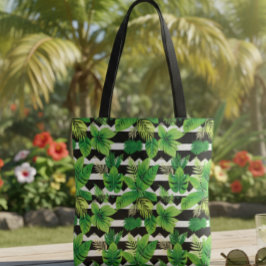 Bolsa Tote Trendy Bag with Green Leaves and Striped Details