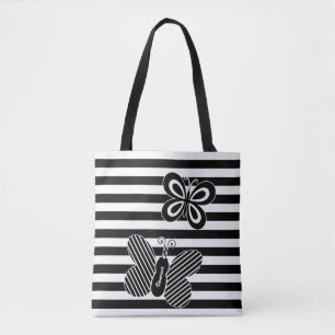 Bolsa Tote Trendy Black and White Butterfly Strips Com Nome
