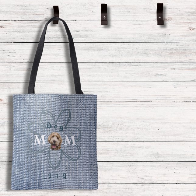 Bolsa Tote Trendy Blue Jean Dog Foto Mãe (This cute tote has the look of denim, personalized with the name and a picture of your pup!)