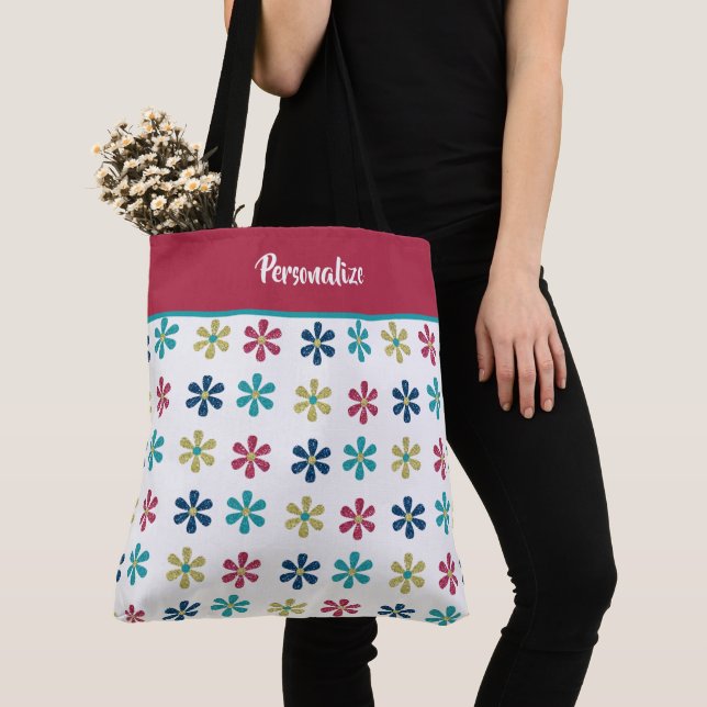 Bolsa Tote Trendy Chic Pink Blue Glitter Flowers Girly Cute (Close Up)