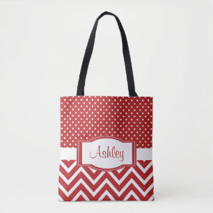Bolsa Tote Trendy Chic Scarlet Red Bolinhas Chevron Monograma