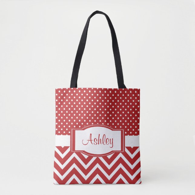 Bolsa Tote Trendy Chic Scarlet Red Bolinhas Chevron Monograma (Frente)