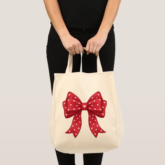 Bolsa Tote Trendy Coquette Red Ribbon Bow with White Hearts (Frente (produto))