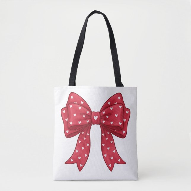 Bolsa Tote Trendy Coquette Red Ribbon Bow with White Hearts (Frente)