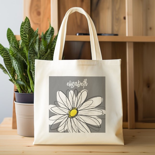 Bolsa Tote Trendy Daisy com cinza e amarelo (Personalized tote bag - whimsical daisy and name)
