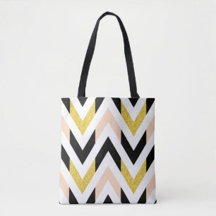 Bolsa Tote Trendy Faux Glitter Dourado, Preto, Chevron Branco