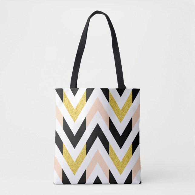 Bolsa Tote Trendy Faux Glitter Dourado, Preto, Chevron Branco (Frente)